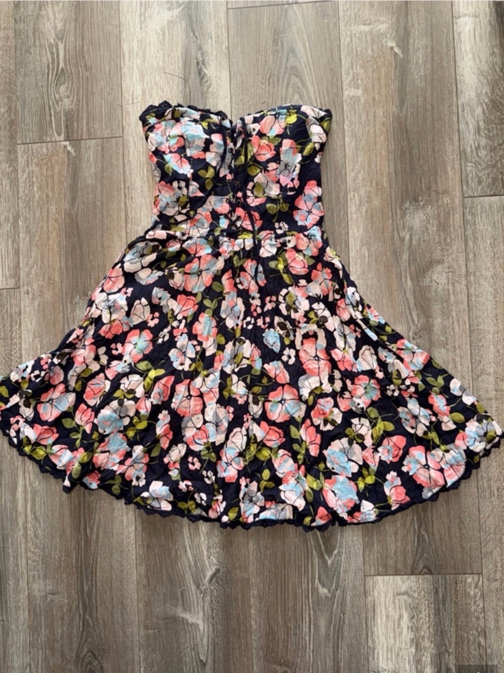 American Rag Navy Strapless Floral Skater Dress with Pink & Blue Blooms